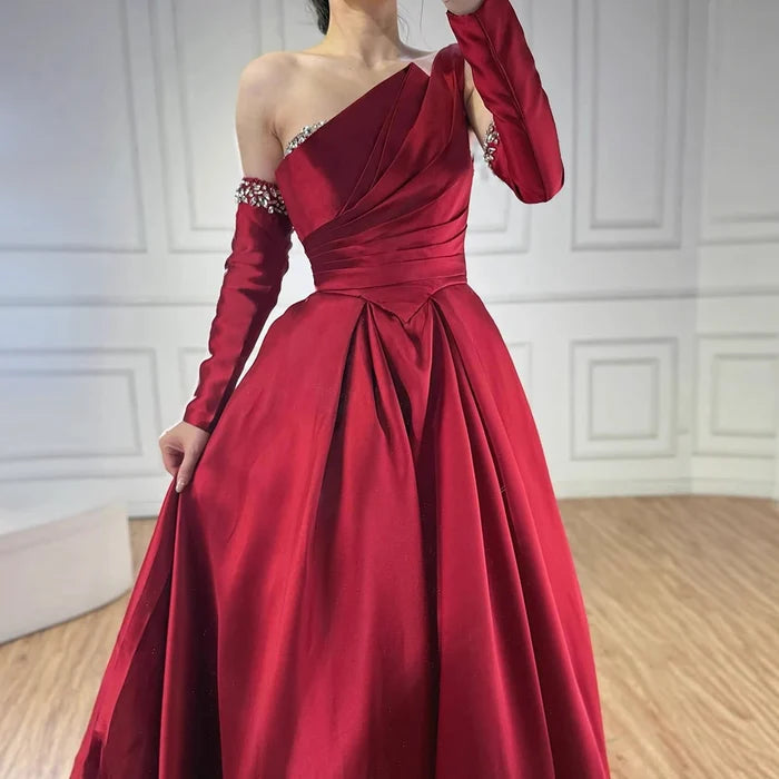 Luxury Black Satin One Shoulder Beaded A-Line Evening Dress LA72741 - SERENE HILL
