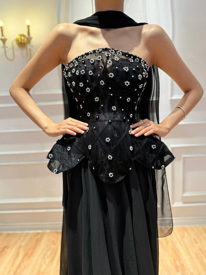 Luxury Black Strapless Beaded Peplum A-Line Evening Dress LA72915B SERENE HILL