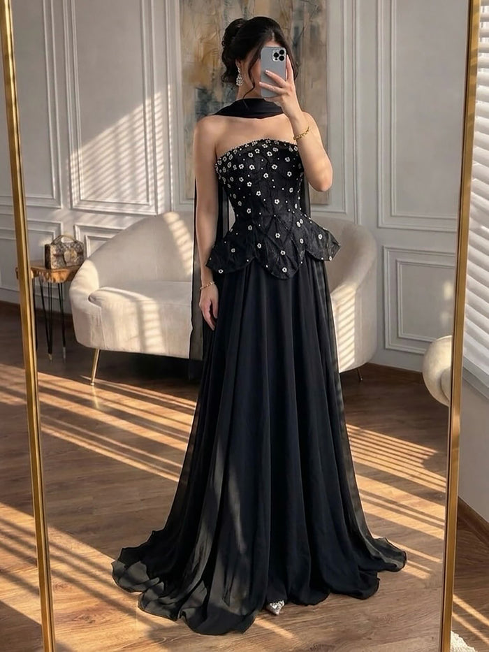 Luxury Black Strapless Beaded Peplum A-Line Evening Dress LA72915B SERENE HILL