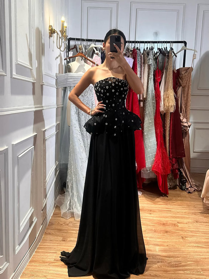 Luxury Black Strapless Beaded Peplum A-Line Evening Dress LA72915B SERENE HILL