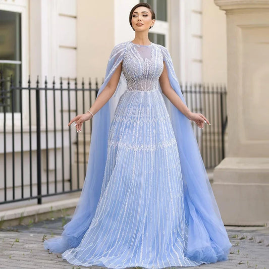 Luxury Blue A-Line Evening Dress with Beaded Cape Sleeves LA72666 - SERENE HILL