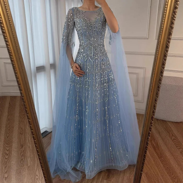 Luxury Blue A-Line Evening Dress with Beaded Cape Sleeves LA72666 - SERENE HILL
