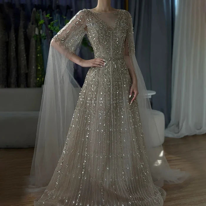 Luxury Blue A-Line Evening Dress with Beaded Cape Sleeves LA72666 - SERENE HILL