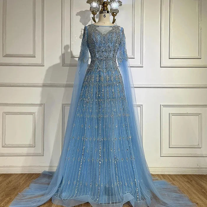 Luxury Blue A-Line Evening Dress with Beaded Cape Sleeves LA72666 - SERENE HILL