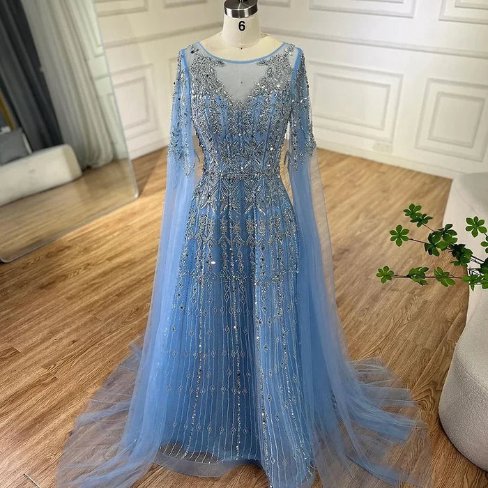 Luxury Blue A-Line Evening Dress with Beaded Cape Sleeves LA72666 - SERENE HILL