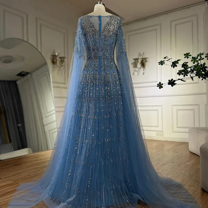 Luxury Blue A-Line Evening Dress with Beaded Cape Sleeves LA72666 - SERENE HILL