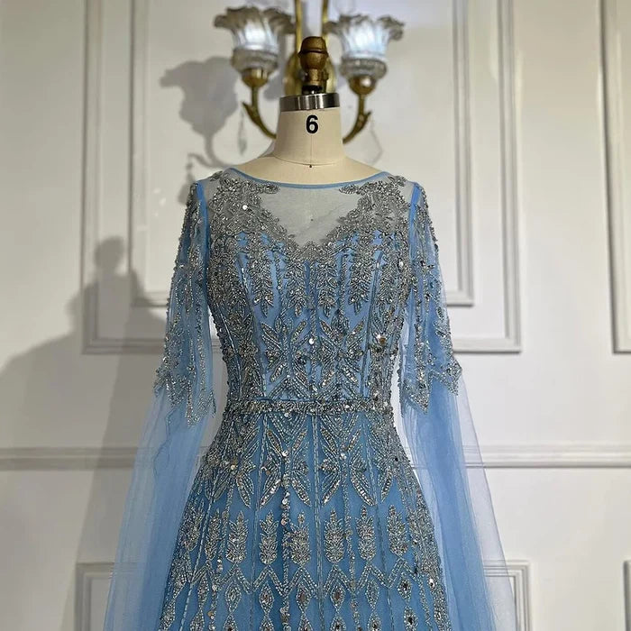 Luxury Blue A-Line Evening Dress with Beaded Cape Sleeves LA72666 - SERENE HILL
