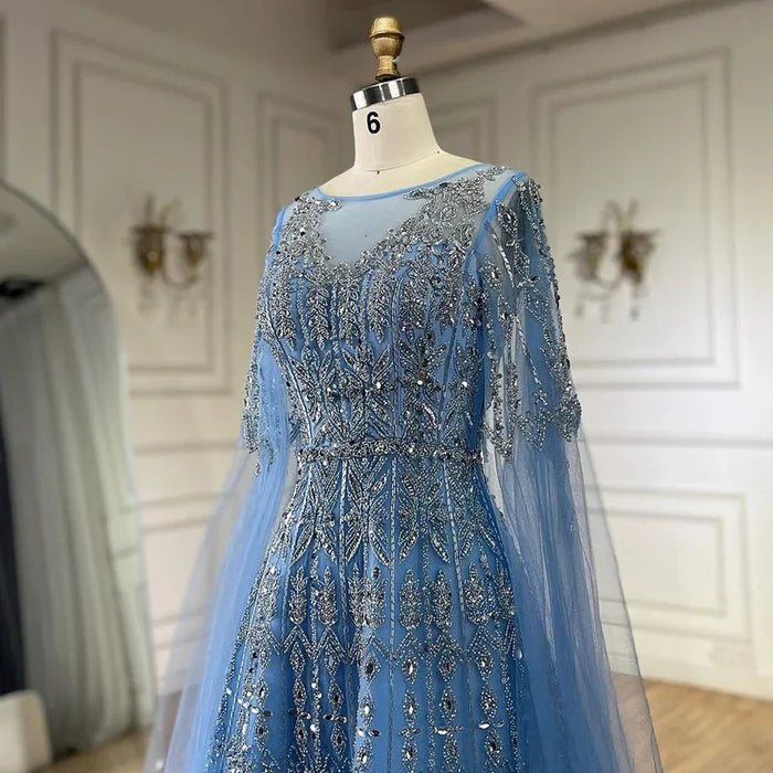 Luxury Blue A-Line Evening Dress with Beaded Cape Sleeves LA72666 - SERENE HILL