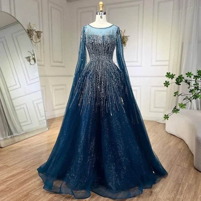 Luxury Blue A-Line Evening Dresses with Cape Sleeve LA72248A - SERENE HILL