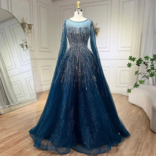 Luxury Blue A-Line Evening Dresses with Cape Sleeve LA72248A - SERENE HILL