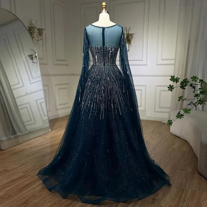 Luxury Blue A-Line Evening Dresses with Cape Sleeve LA72248A - SERENE HILL