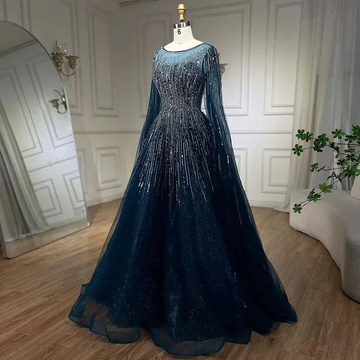 Luxury Blue A-Line Evening Dresses with Cape Sleeve LA72248A - SERENE HILL