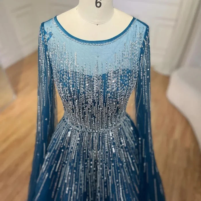 Luxury Blue A-Line Evening Dresses with Cape Sleeve LA72248A - SERENE HILL