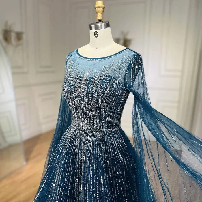 Luxury Blue A-Line Evening Dresses with Cape Sleeve LA72248A - SERENE HILL
