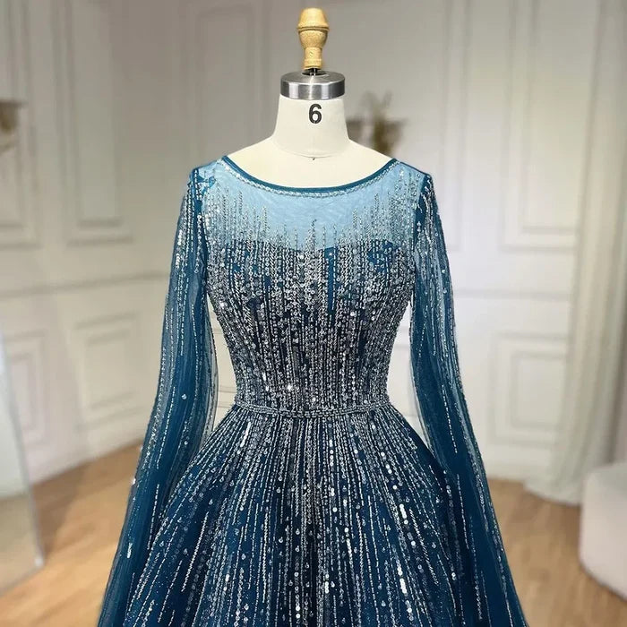Luxury Blue A-Line Evening Dresses with Cape Sleeve LA72248A - SERENE HILL