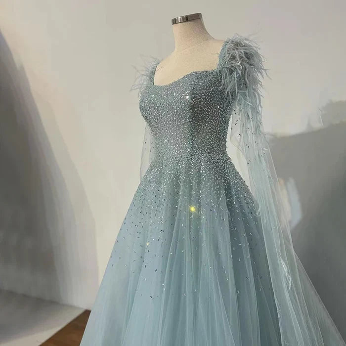 Luxury Blue A-Line Feathers Beaded Evening Dress with Cape Sleeves LA71782A - SERENE HILL