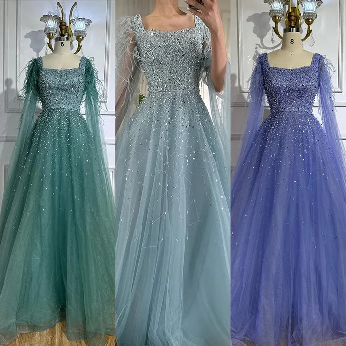 Luxury Blue A-Line Feathers Beaded Evening Dress with Cape Sleeves LA71782A - SERENE HILL