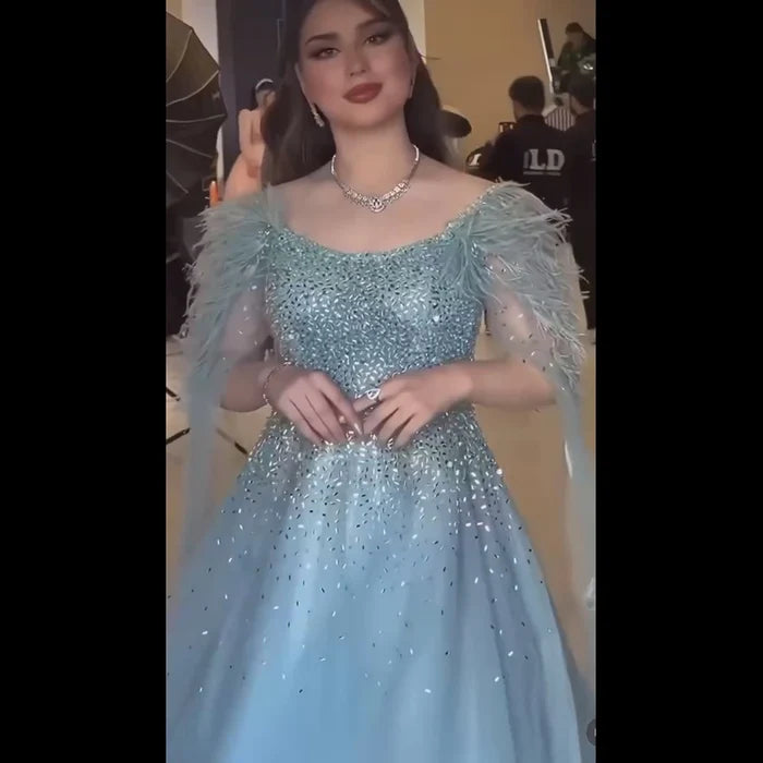 Luxury Blue A-Line Feathers Beaded Evening Dress with Cape Sleeves LA71782A - SERENE HILL