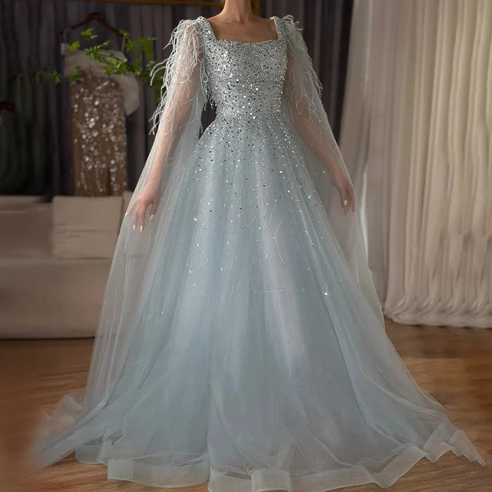 Luxury Blue A-Line Feathers Beaded Evening Dress with Cape Sleeves LA71782A - SERENE HILL