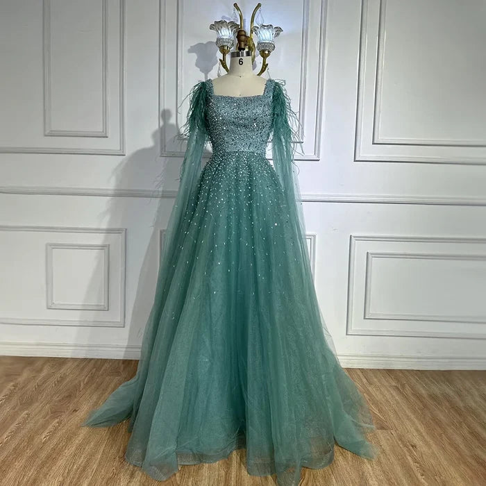 Luxury Blue A-Line Feathers Beaded Evening Dress with Cape Sleeves LA71782A - SERENE HILL
