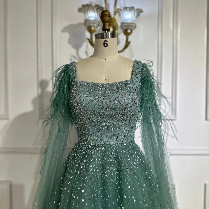 Luxury Blue A-Line Feathers Beaded Evening Dress with Cape Sleeves LA71782A - SERENE HILL