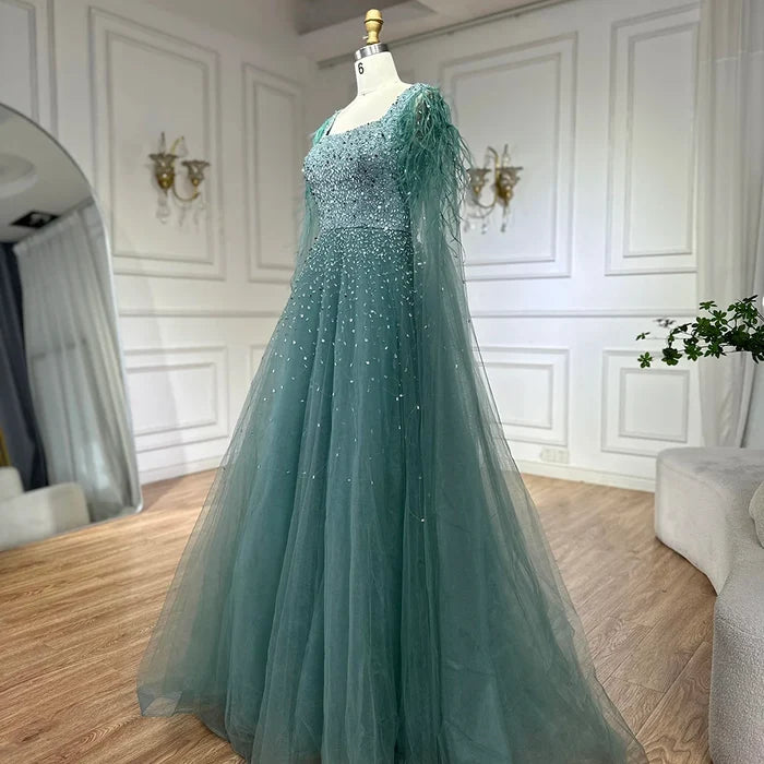 Luxury Blue A-Line Feathers Beaded Evening Dress with Cape Sleeves LA71782A - SERENE HILL