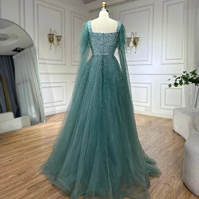 Luxury Blue A-Line Feathers Beaded Evening Dress with Cape Sleeves LA71782A - SERENE HILL