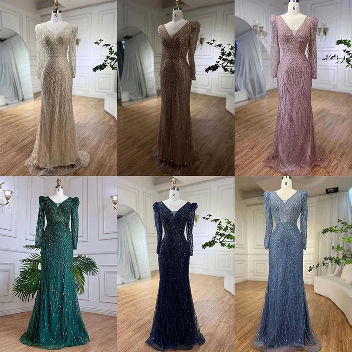 Luxury Blue Arabic Mermaid Beaded Evening Dress LA71931 - SERENE HILL