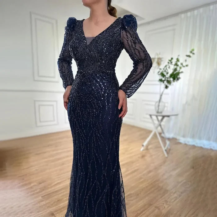 Luxury Blue Arabic Mermaid Beaded Evening Dress LA71931 - SERENE HILL
