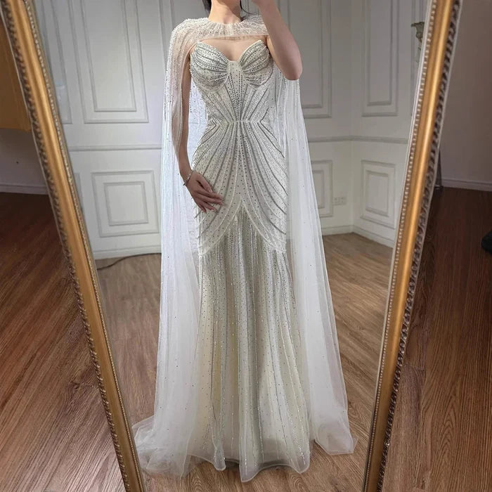 Luxury Blue Beaded Evening Gown with Detachable Cape LA72784 - SERENE HILL