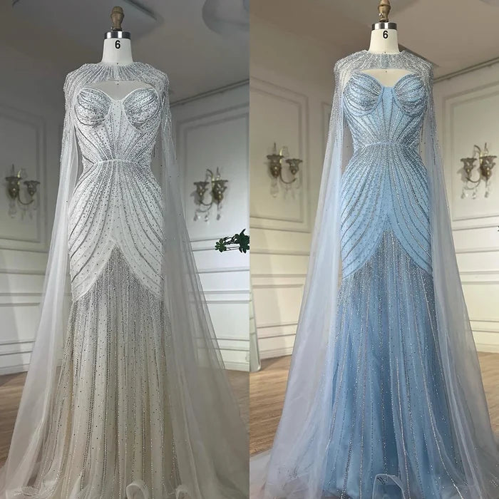 Luxury Blue Beaded Evening Gown with Detachable Cape LA72784 - SERENE HILL