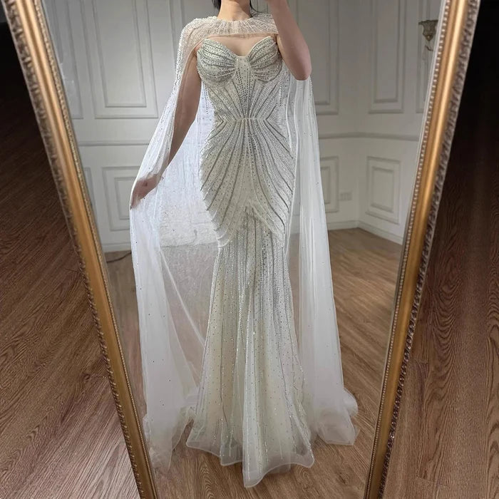 Luxury Blue Beaded Evening Gown with Detachable Cape LA72784 - SERENE HILL