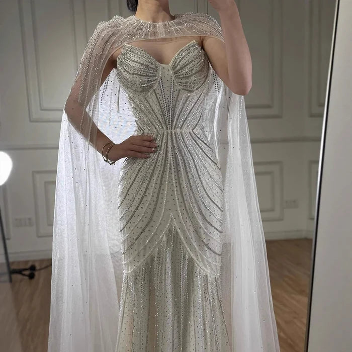 Luxury Blue Beaded Evening Gown with Detachable Cape LA72784 - SERENE HILL