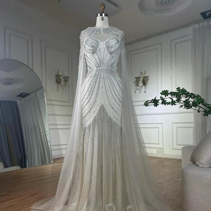 Luxury Blue Beaded Evening Gown with Detachable Cape LA72784 - SERENE HILL