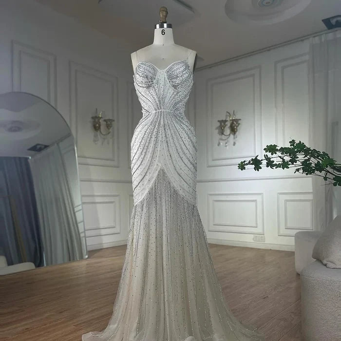 Luxury Blue Beaded Evening Gown with Detachable Cape LA72784 - SERENE HILL