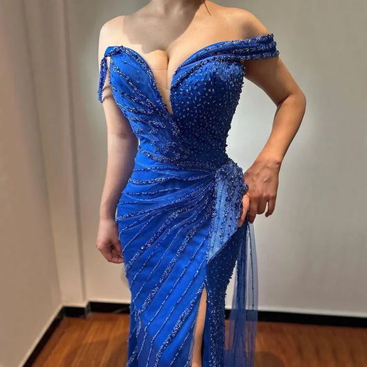 Luxury Blue Beaded Mermaid Evening Dress with Split LA71663 - SERENE HILL