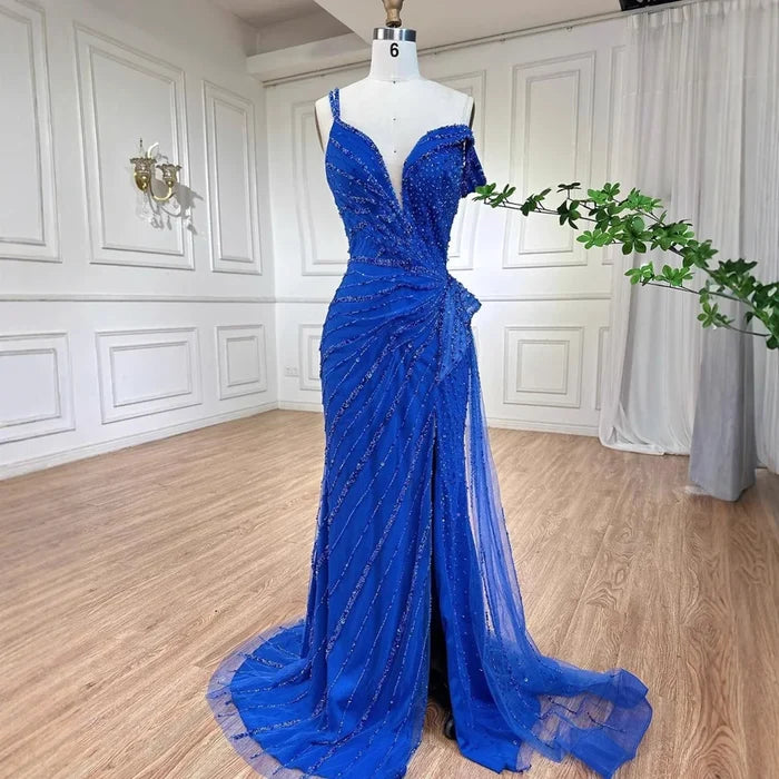 Luxury Blue Beaded Mermaid Evening Dress with Split LA71663 - SERENE HILL