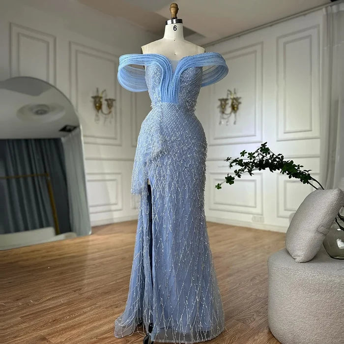 Luxury Blue Beaded Off-Shoulder Mermaid Evening Gown LA72867 - SERENE HILL