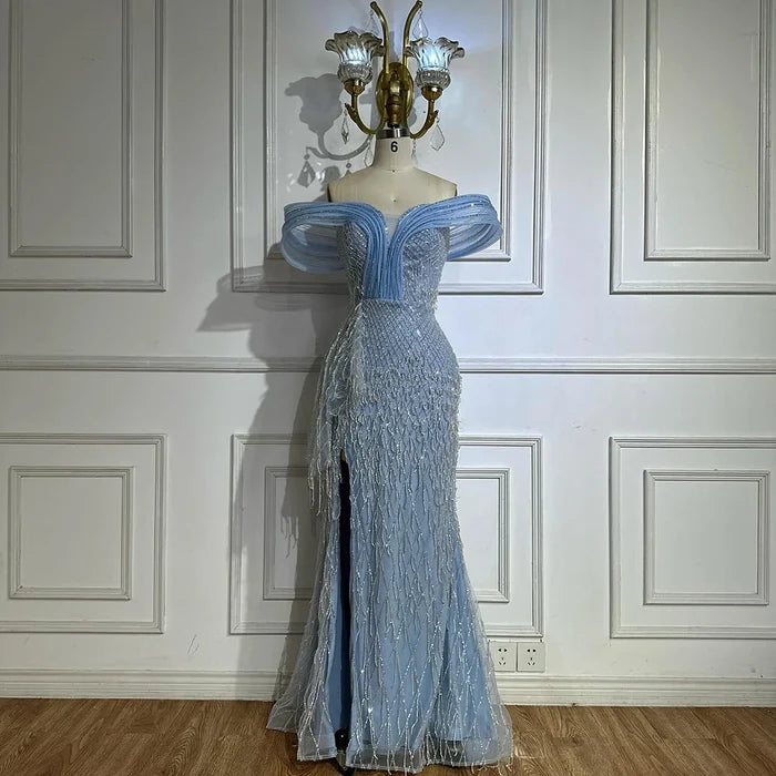 Luxury Blue Beaded Off-Shoulder Mermaid Evening Gown LA72867 - SERENE HILL