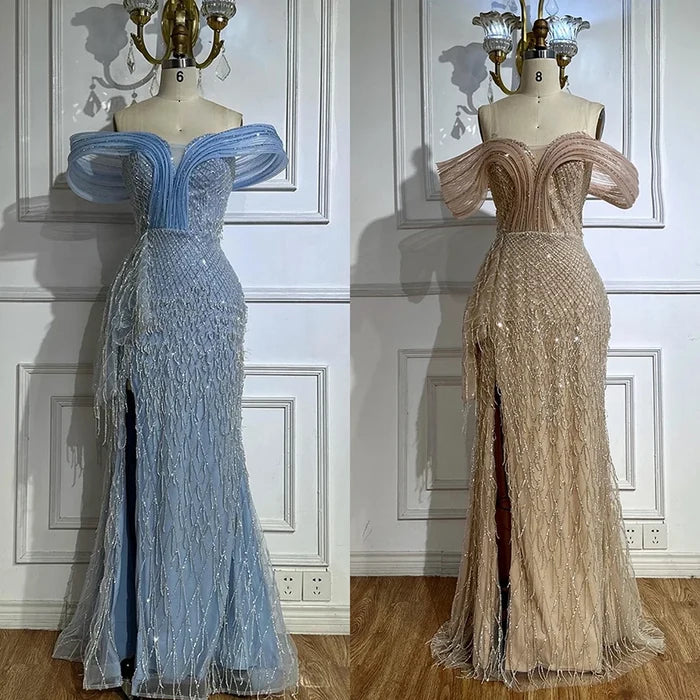 Luxury Blue Beaded Off-Shoulder Mermaid Evening Gown LA72867 - SERENE HILL