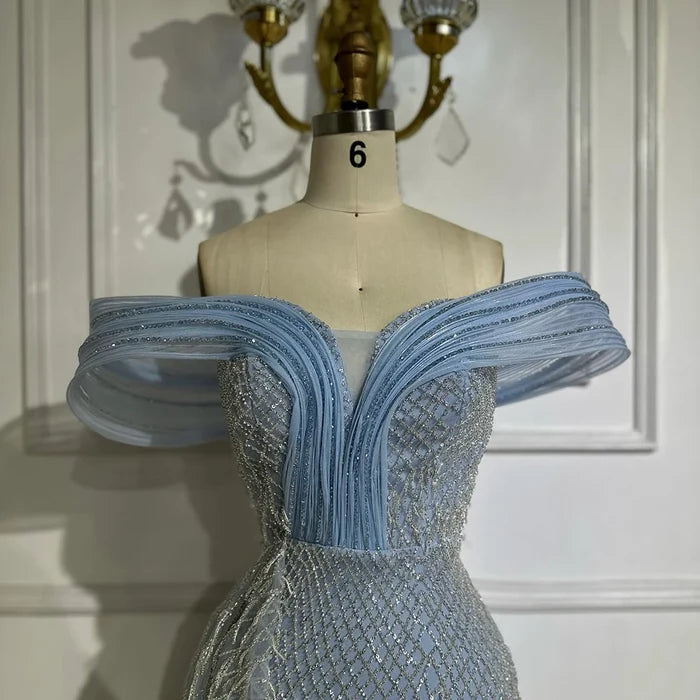 Luxury Blue Beaded Off-Shoulder Mermaid Evening Gown LA72867 - SERENE HILL