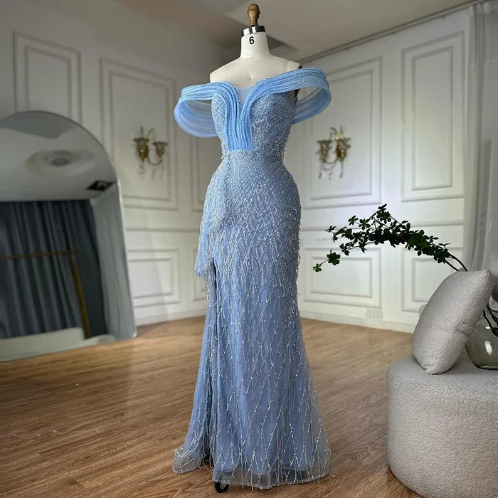 Luxury Blue Beaded Off-Shoulder Mermaid Evening Gown LA72867 - SERENE HILL