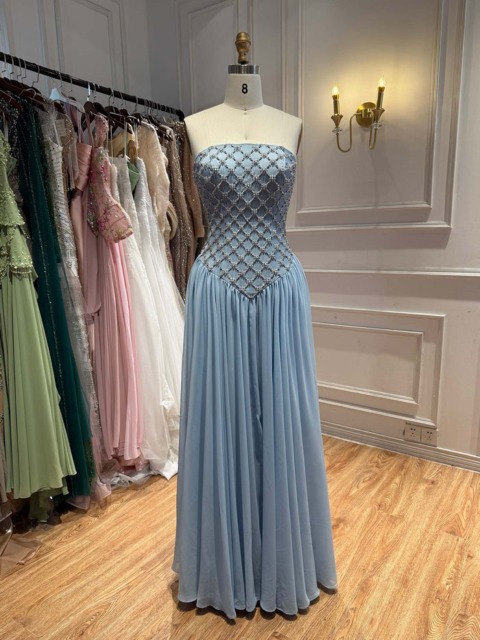 Luxury Blue Crystal Beaded Chiffon A-Line Evening Dress LA73929 SERENE HILL