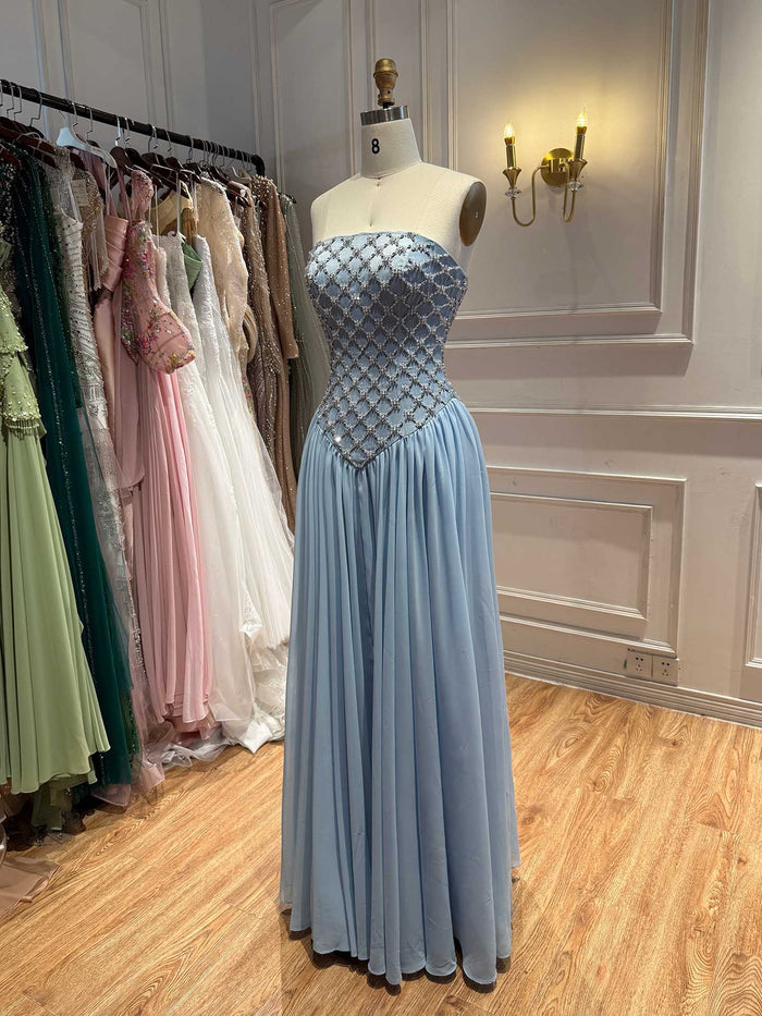 Luxury Blue Crystal Beaded Chiffon A-Line Evening Dress LA73929 SERENE HILL
