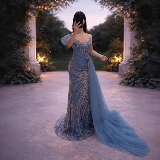Luxury Blue Crystal Beaded One Shoulder Mermaid Evening Dress LA73425 - SERENE HILL