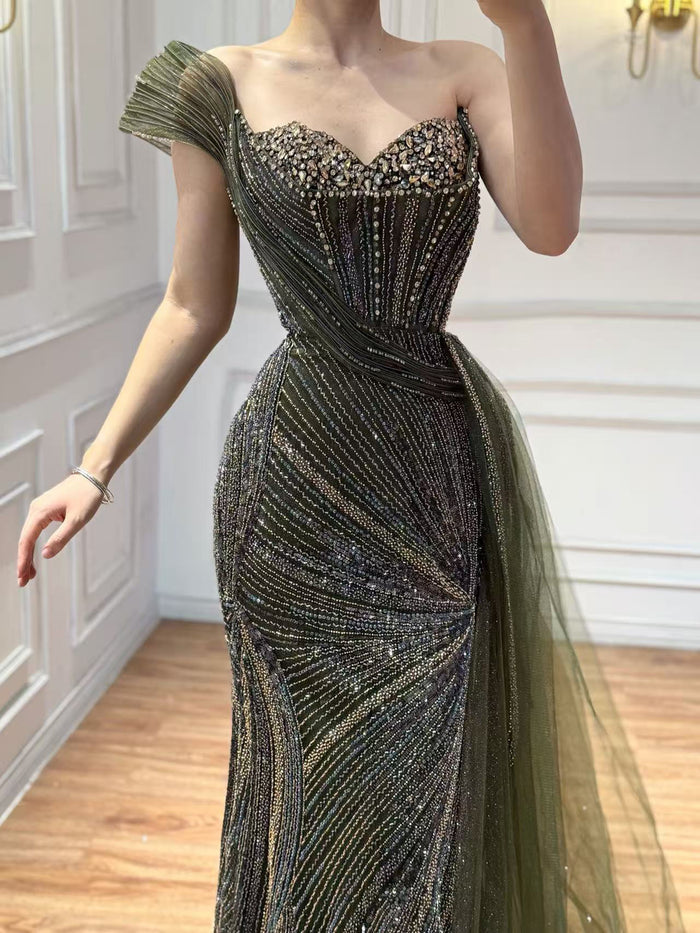 Luxury Blue Crystal Beaded One Shoulder Mermaid Evening Dress LA73425 - SERENE  HILL