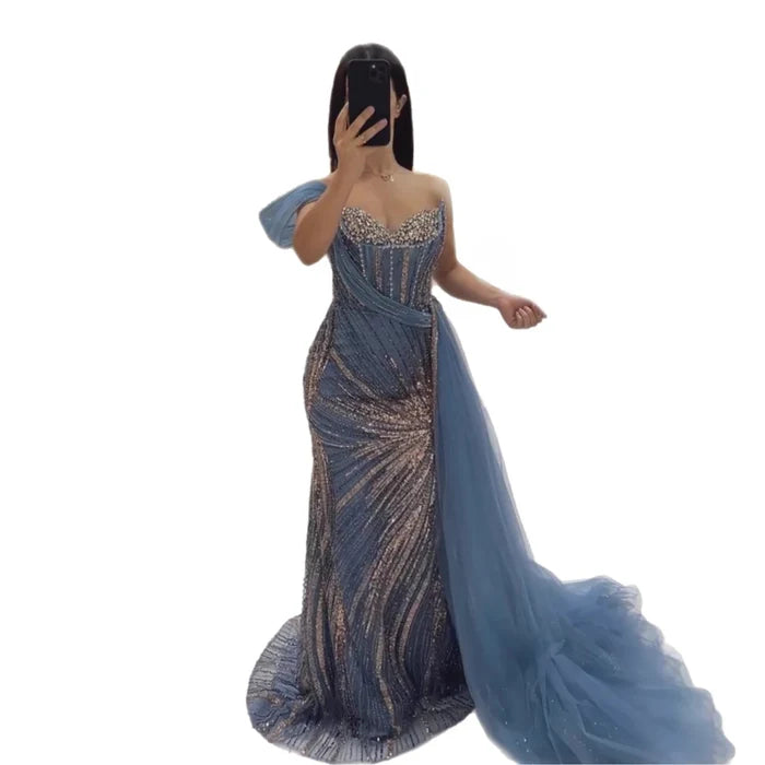 Luxury Blue Crystal Beaded One Shoulder Mermaid Evening Dress LA73425 - SERENE HILL