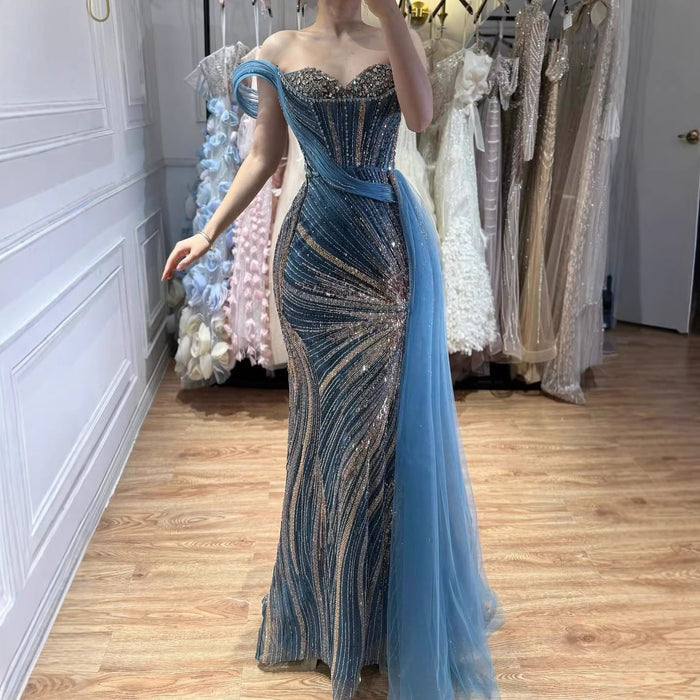 Luxury Blue Crystal Beaded One Shoulder Mermaid Evening Dress LA73425 - SERENE  HILL