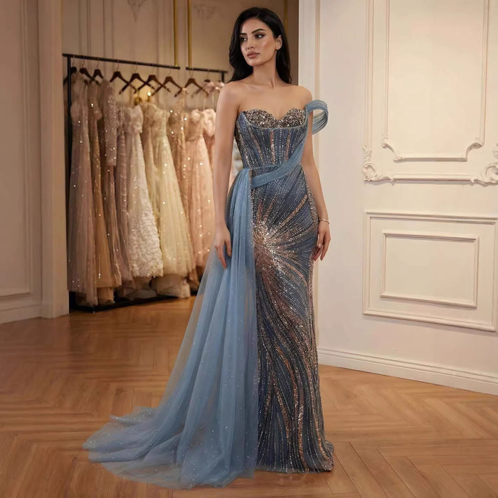 Luxury Blue Crystal Beaded One Shoulder Mermaid Evening Dress LA73425 - SERENE  HILL