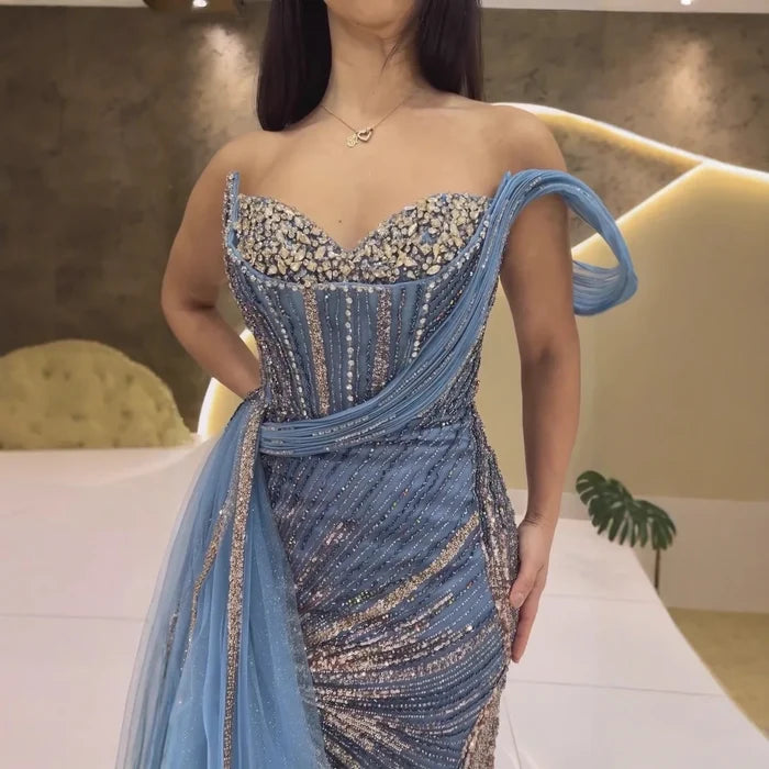 Luxury Blue Crystal Beaded One Shoulder Mermaid Evening Dress LA73425 - SERENE HILL